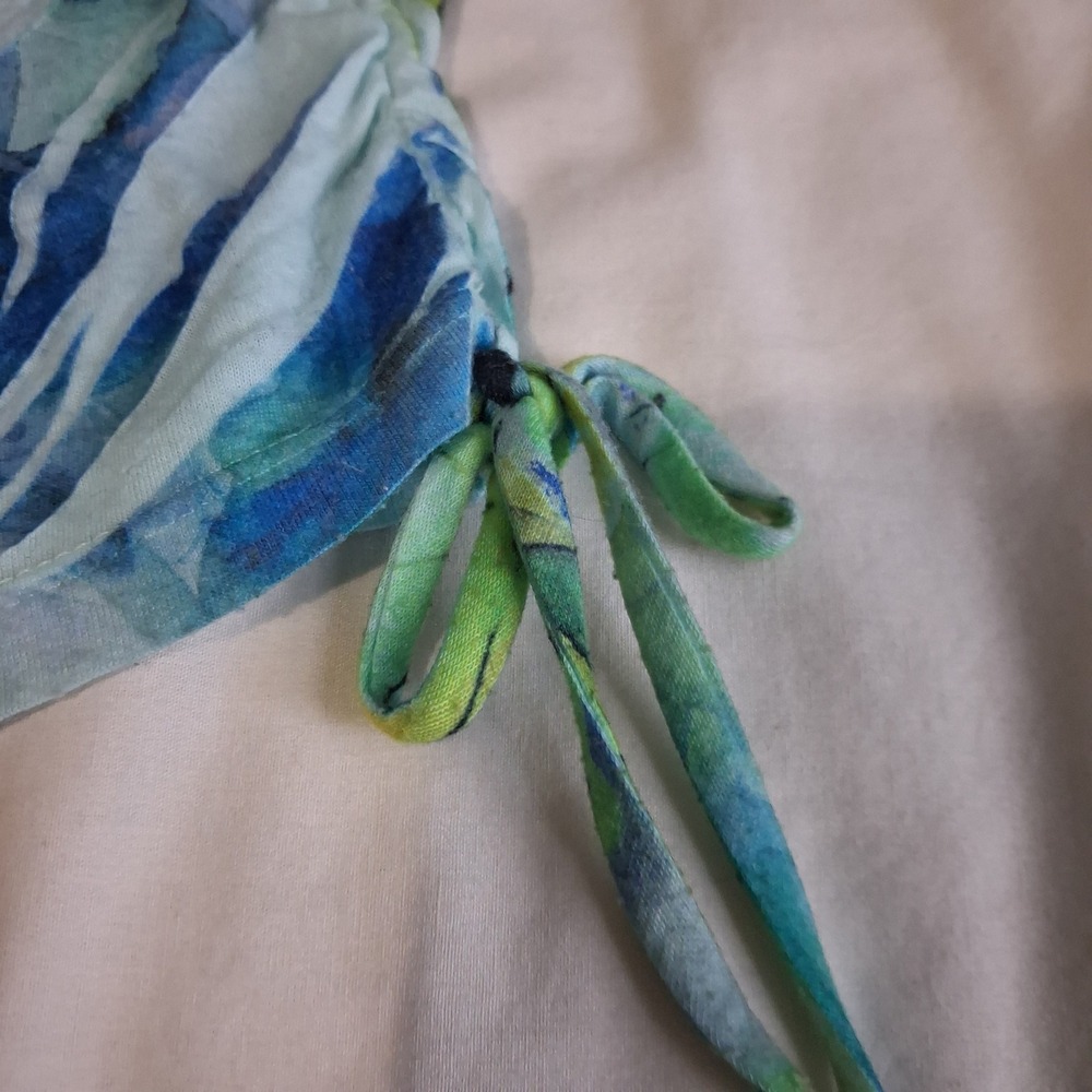 Fashion Bug Floral Rhinestone Tunic Top Blue Green Drawstring Ruched Small - Picture 9 of 11
